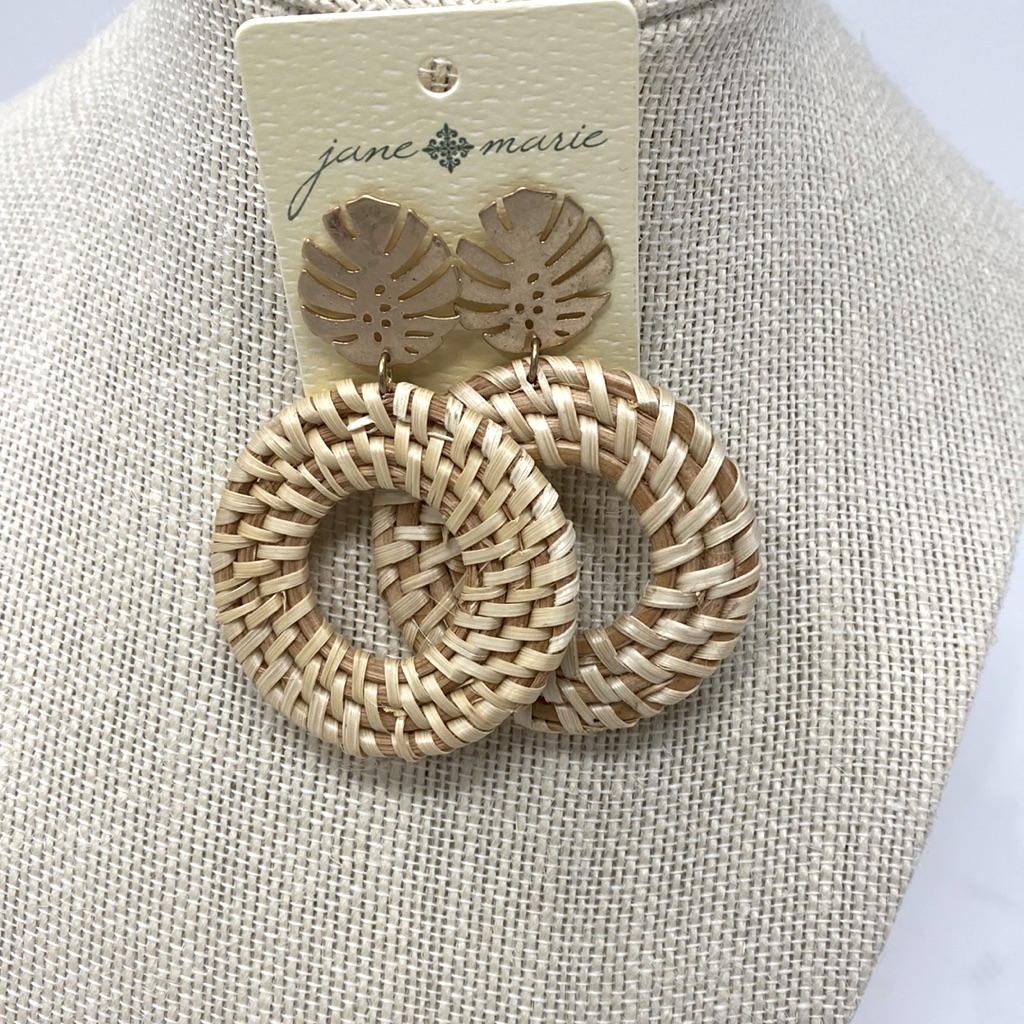 Jane Marie Women Rattan Woven Circular Beige Drop Pierced Earrings Gold Leaf New 13$